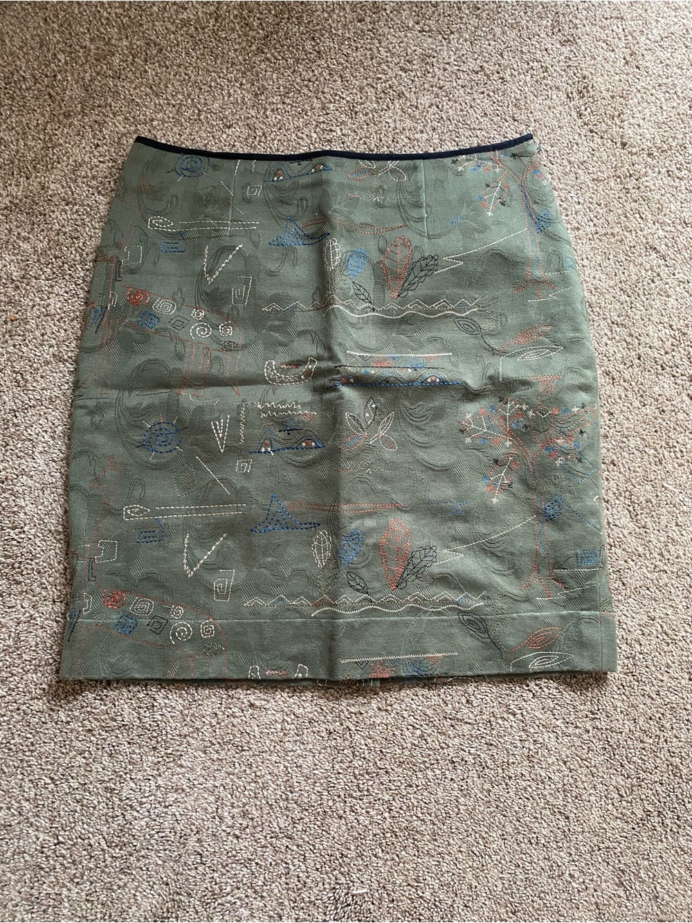 Meadow Rue Olive Pencil Skirt with Multicolor Embroidery